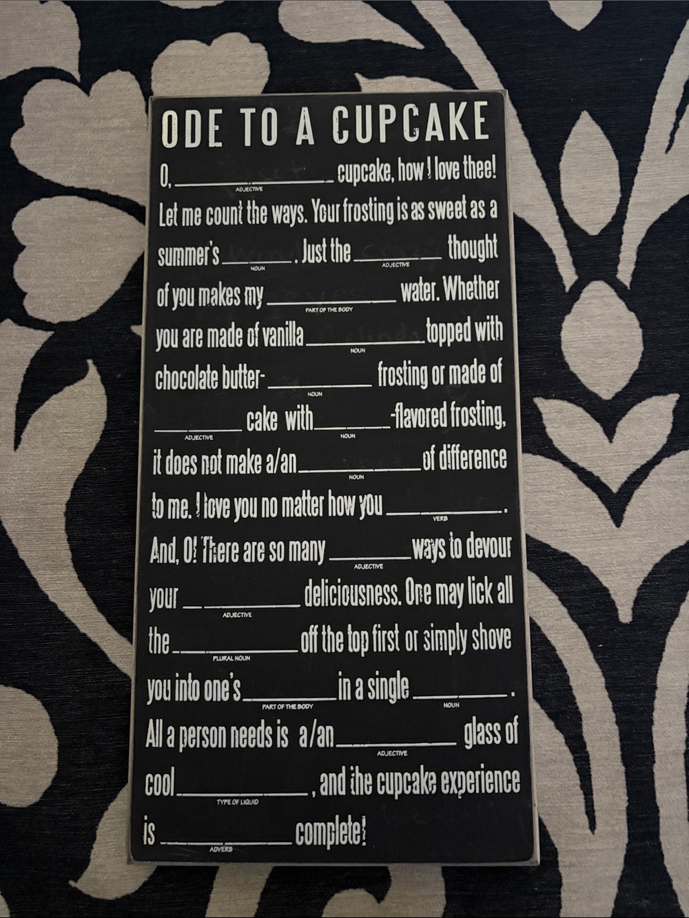 Mad Libs Chalkboard Ode to a Cupcake Black Decorative Sign
